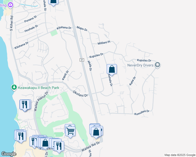map of restaurants, bars, coffee shops, grocery stores, and more near 543 Mikioi Place in Kihei