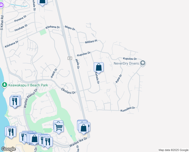 map of restaurants, bars, coffee shops, grocery stores, and more near 3356 Kehala Drive in Kihei
