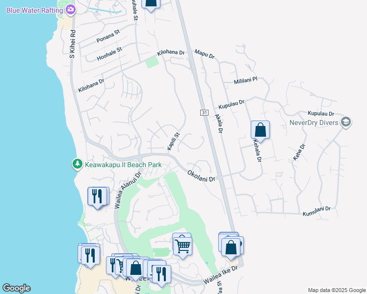 map of restaurants, bars, coffee shops, grocery stores, and more near 300 Pualoa Nani Way in Kihei