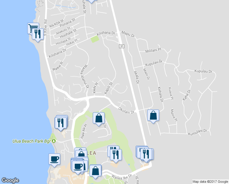 map of restaurants, bars, coffee shops, grocery stores, and more near 290 Pualoa Nani Way in Kihei