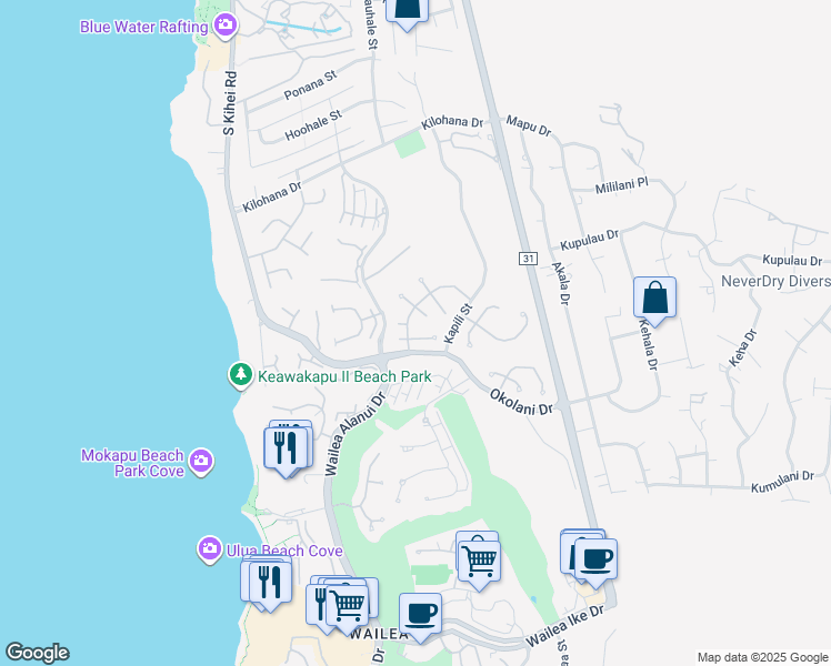 map of restaurants, bars, coffee shops, grocery stores, and more near 195 East Panana Place in Kihei