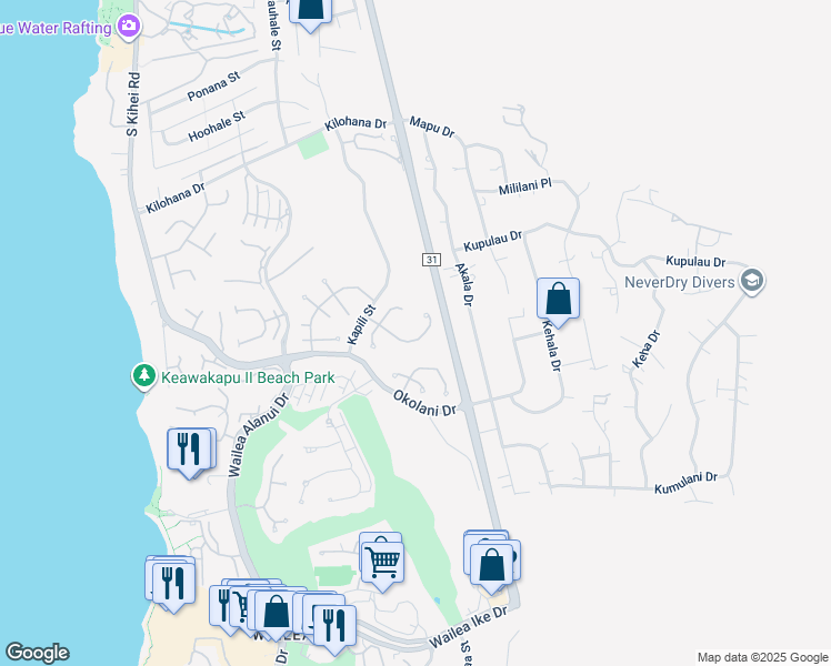 map of restaurants, bars, coffee shops, grocery stores, and more near 341 Pualoa Nani Way in Kihei