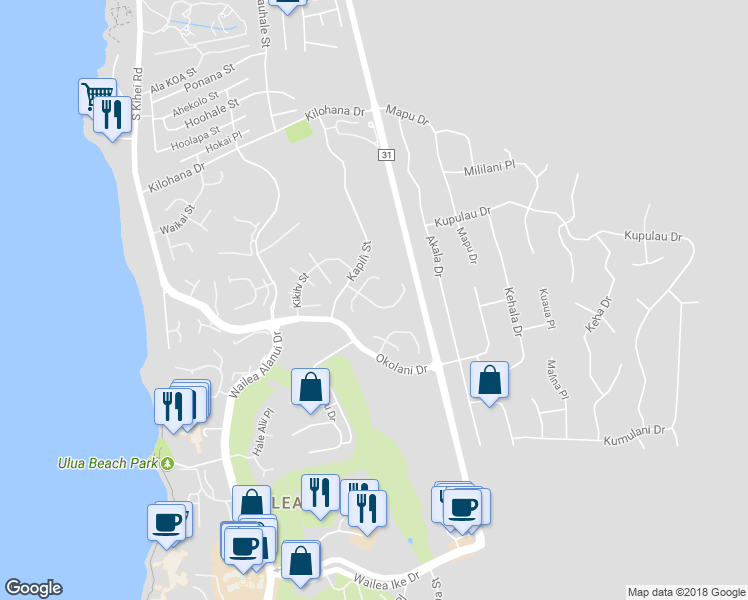 map of restaurants, bars, coffee shops, grocery stores, and more near 301 Pualoa Nani Way in Kihei
