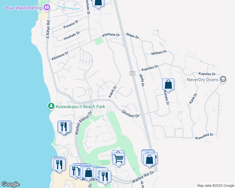 map of restaurants, bars, coffee shops, grocery stores, and more near 290 Pualoa Nani Way in Kihei