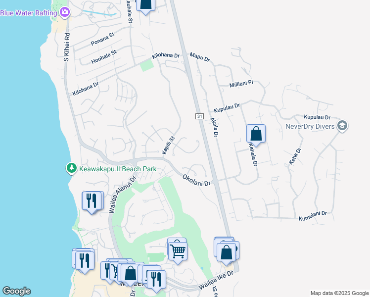 map of restaurants, bars, coffee shops, grocery stores, and more near 307 Pualoa Nani Way in Wailea-Makena