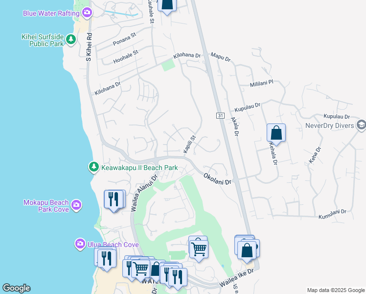 map of restaurants, bars, coffee shops, grocery stores, and more near 239 East Panana Place in Kihei