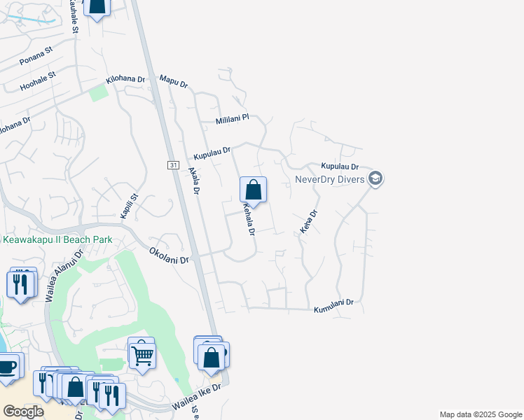 map of restaurants, bars, coffee shops, grocery stores, and more near 3360 Kuaua Place in Kihei