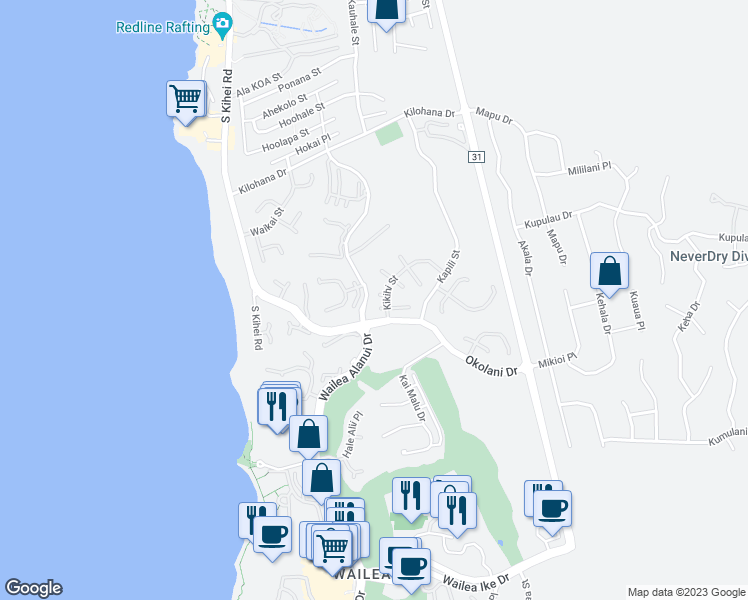 map of restaurants, bars, coffee shops, grocery stores, and more near 170 Alaula Place in Kihei