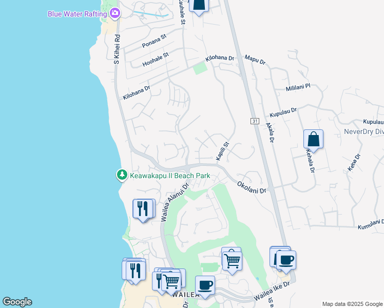 map of restaurants, bars, coffee shops, grocery stores, and more near 178 Alaula Place in Kihei