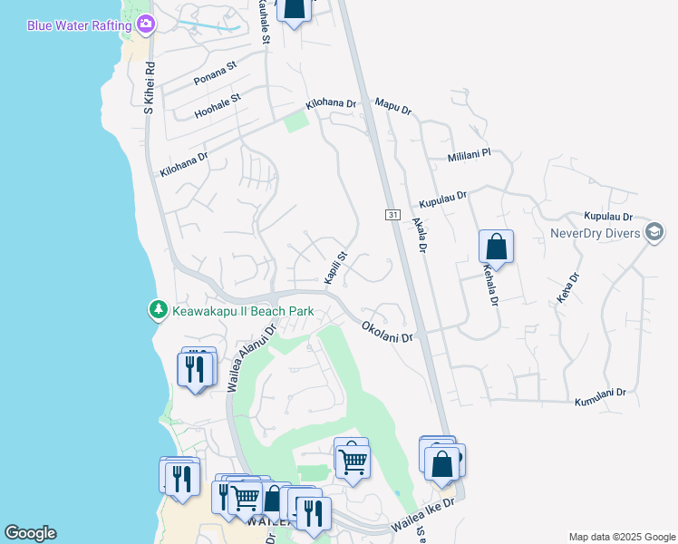 map of restaurants, bars, coffee shops, grocery stores, and more near 3160 South Noho Loihi Way in Kihei
