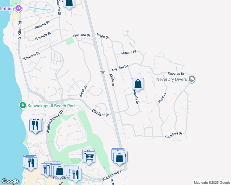 map of restaurants, bars, coffee shops, grocery stores, and more near 3327 Akala Drive in Kihei