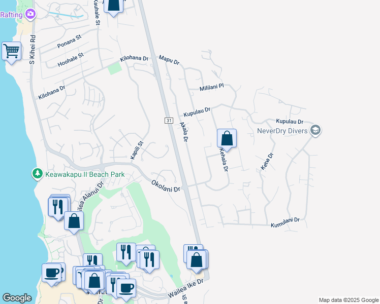 map of restaurants, bars, coffee shops, grocery stores, and more near 3327 Akala Drive in Kihei