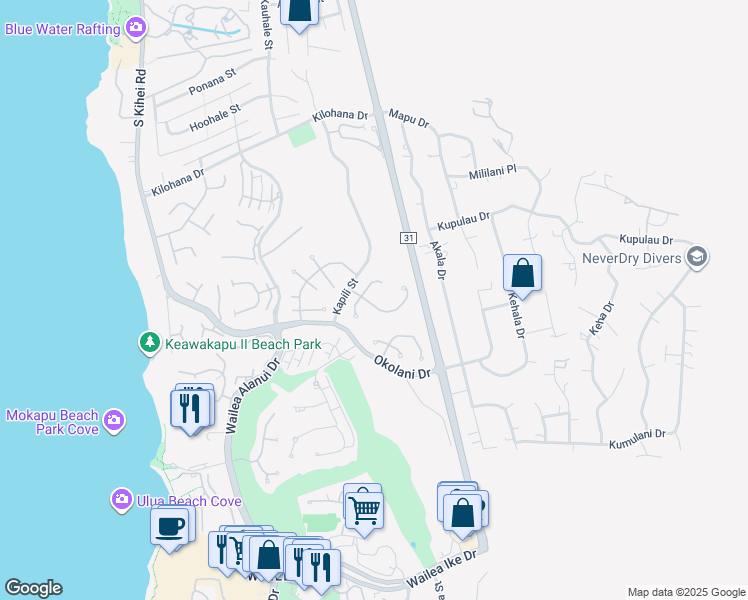 map of restaurants, bars, coffee shops, grocery stores, and more near 295 Pualoa Nani Way in Kihei