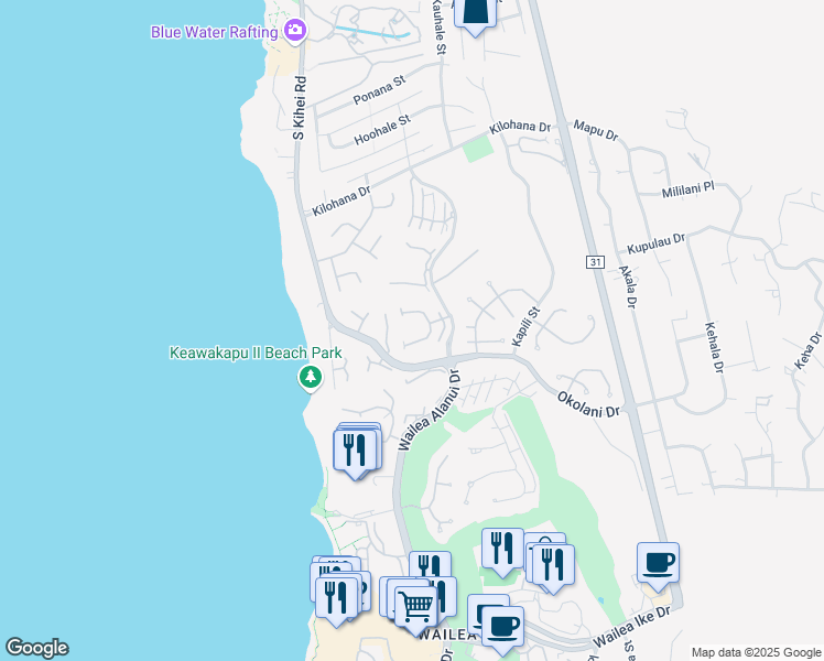 map of restaurants, bars, coffee shops, grocery stores, and more near 42 Okolani Drive in Kihei