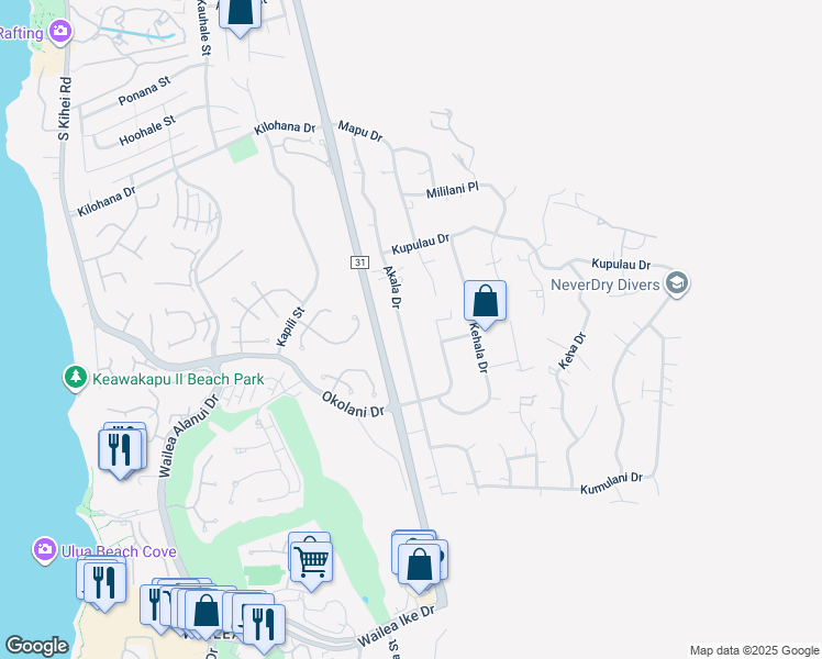 map of restaurants, bars, coffee shops, grocery stores, and more near 3318a Akala Drive in Kihei