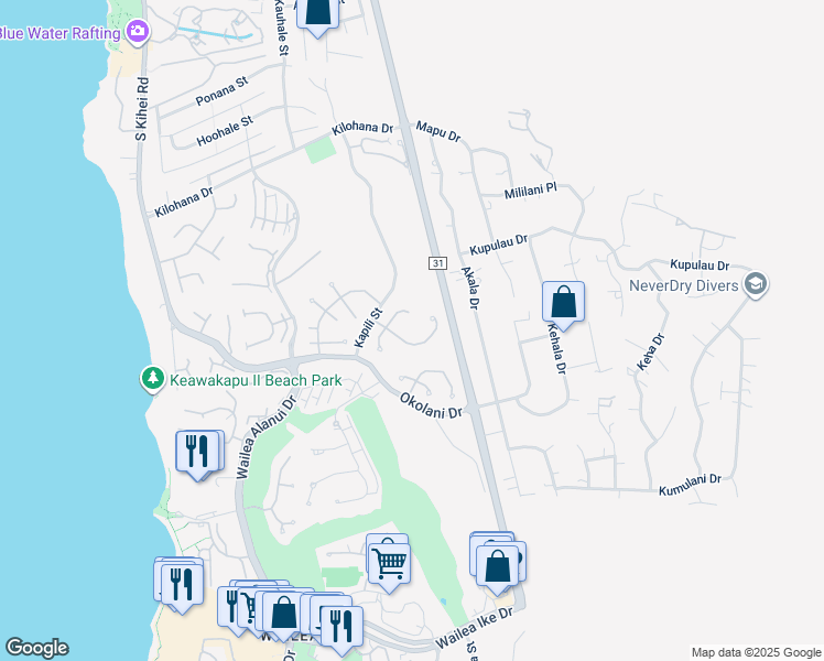 map of restaurants, bars, coffee shops, grocery stores, and more near 3105 South Noho Loihi Way in Kihei