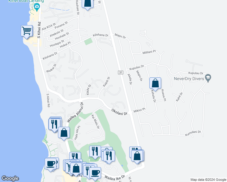 map of restaurants, bars, coffee shops, grocery stores, and more near 3105 Noho Loihi Way North in Kihei