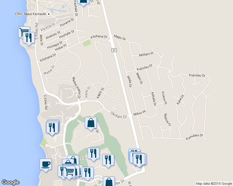 map of restaurants, bars, coffee shops, grocery stores, and more near 361 Pualoa Nani Way in Kihei