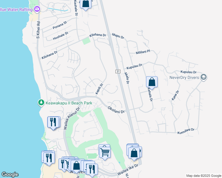 map of restaurants, bars, coffee shops, grocery stores, and more near 3105 South Noho Loihi Way in Kihei