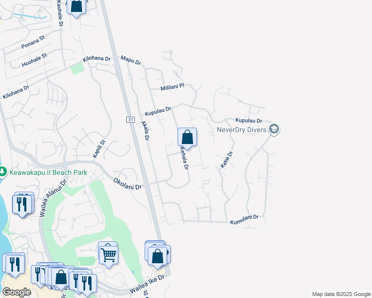 map of restaurants, bars, coffee shops, grocery stores, and more near 3337 Kehala Drive in Kihei