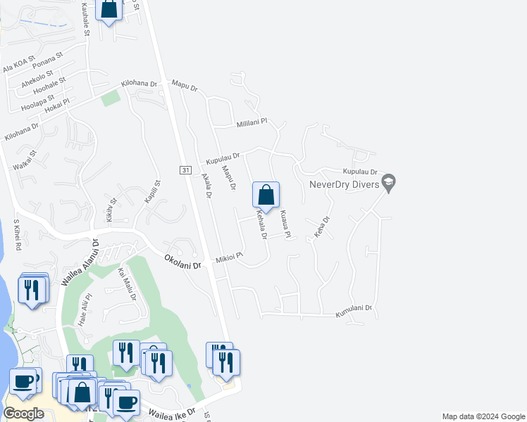 map of restaurants, bars, coffee shops, grocery stores, and more near 3337 Kehala Drive in Kihei