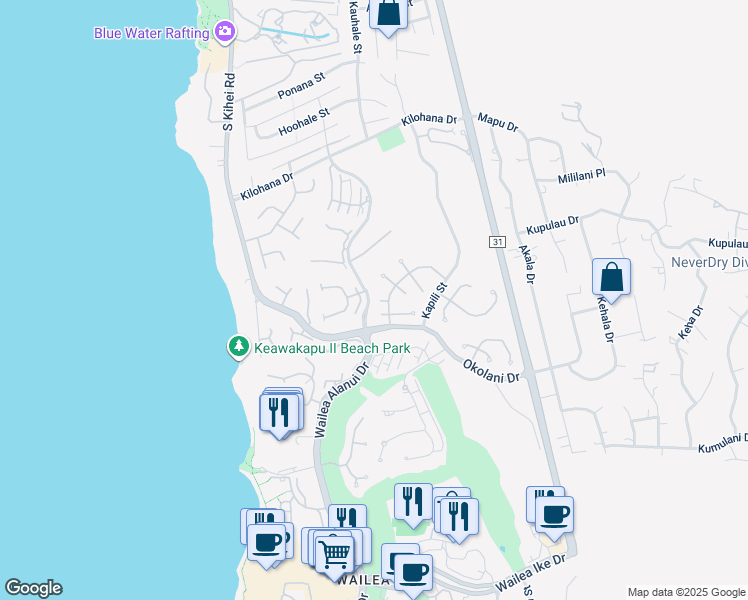 map of restaurants, bars, coffee shops, grocery stores, and more near 170 Alaula Place in Kihei