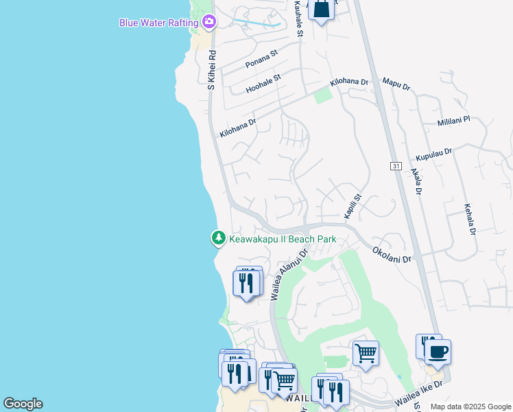 map of restaurants, bars, coffee shops, grocery stores, and more near 16 Manu Ihu Place in Kihei