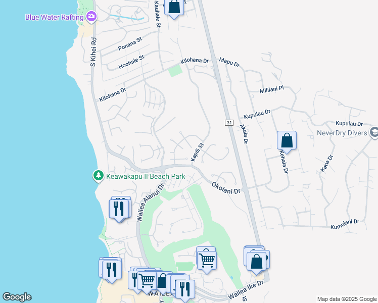 map of restaurants, bars, coffee shops, grocery stores, and more near 226 East Ikea Kai Place in Kihei