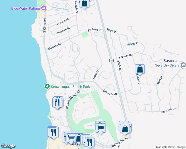 map of restaurants, bars, coffee shops, grocery stores, and more near 232 East Ikea Kai Place in Kihei