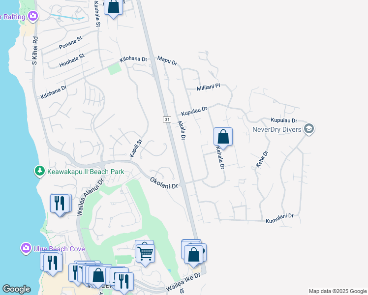 map of restaurants, bars, coffee shops, grocery stores, and more near 3318a Akala Drive in Kihei