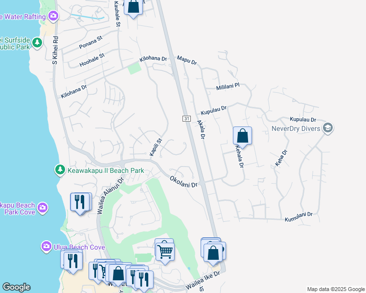 map of restaurants, bars, coffee shops, grocery stores, and more near 371 Pualoa Nani Way in Kihei