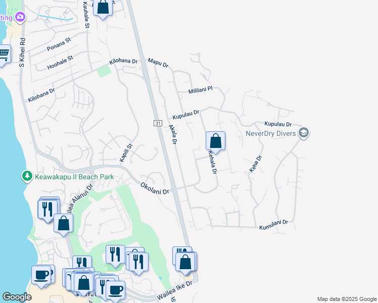 map of restaurants, bars, coffee shops, grocery stores, and more near 563 Mikioi Place in Kihei