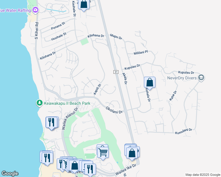 map of restaurants, bars, coffee shops, grocery stores, and more near 361 Pualoa Nani Way in Kihei