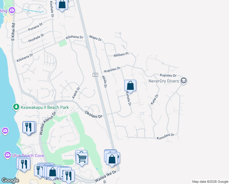 map of restaurants, bars, coffee shops, grocery stores, and more near 563 Mikioi Place in Kihei