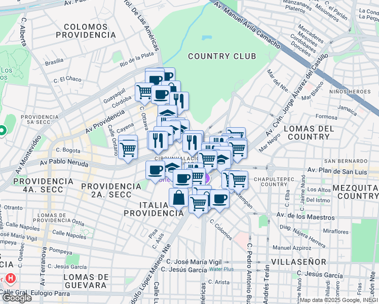 map of restaurants, bars, coffee shops, grocery stores, and more near 1421 Avenida de las Américas in Guadalajara
