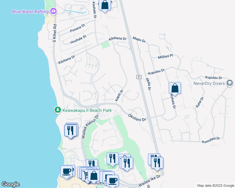 map of restaurants, bars, coffee shops, grocery stores, and more near 233 East Ikea Kai Place in Kihei