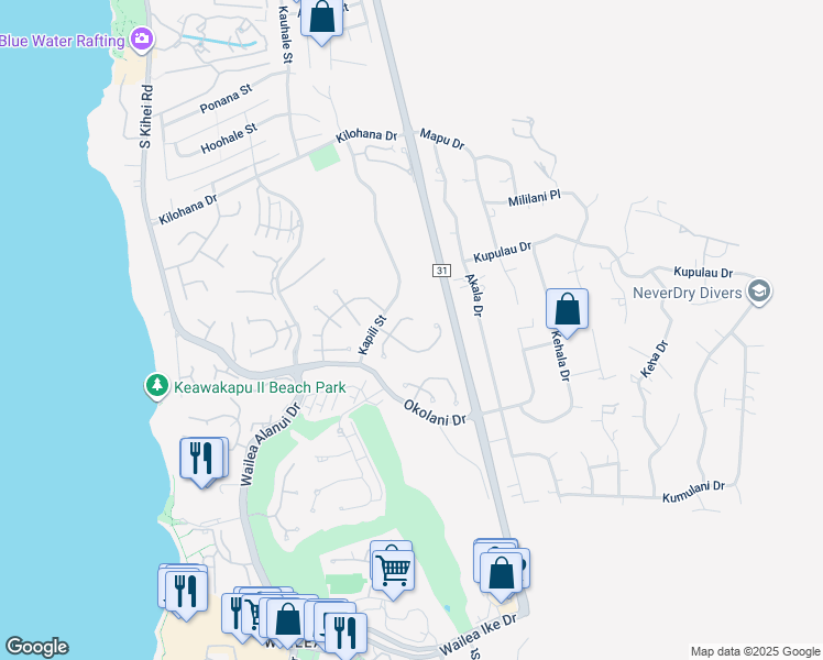 map of restaurants, bars, coffee shops, grocery stores, and more near 3109 South Noho Loihi Way in Kihei