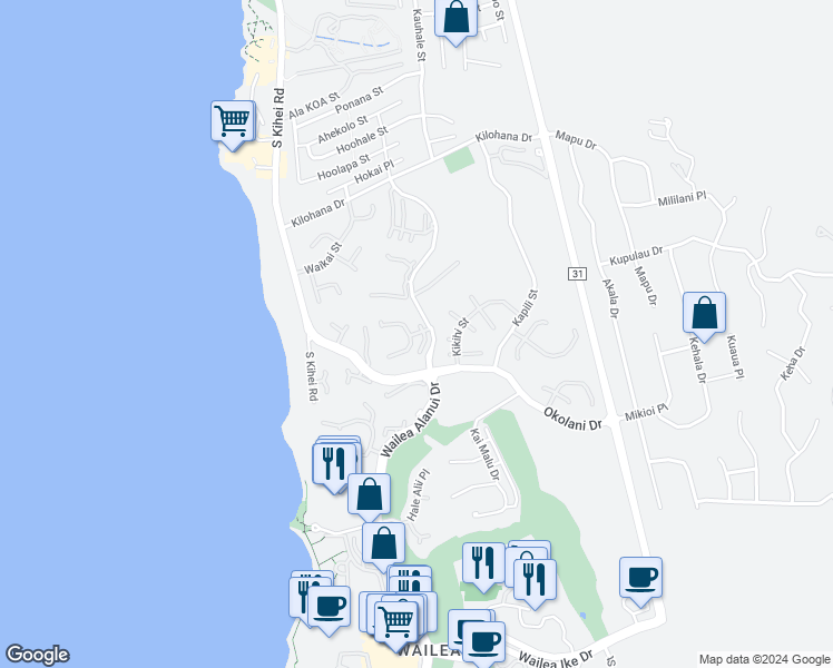 map of restaurants, bars, coffee shops, grocery stores, and more near 3100 Wailea Alanui Drive in Kihei