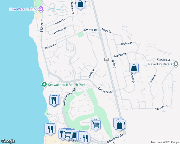 map of restaurants, bars, coffee shops, grocery stores, and more near 233 East Ikea Kai Place in Kihei