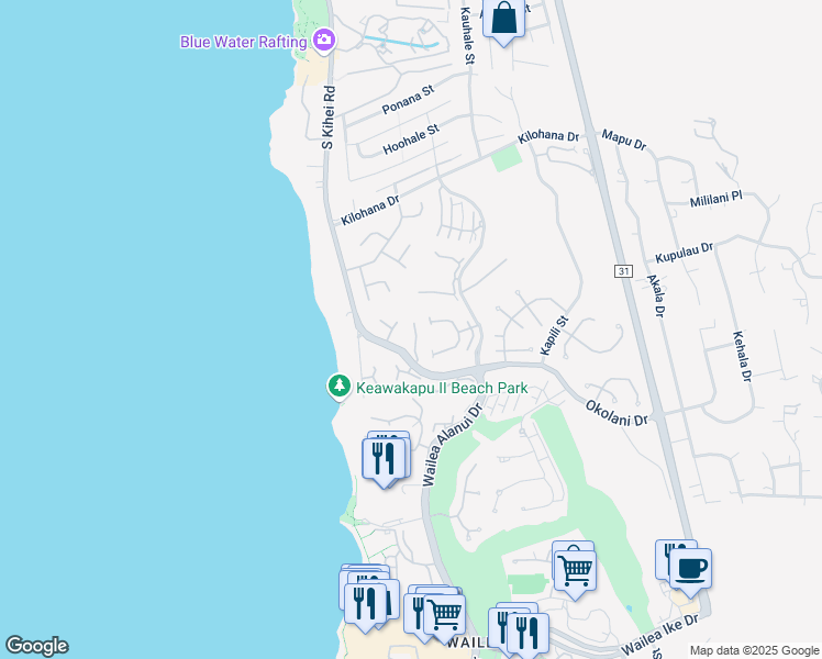 map of restaurants, bars, coffee shops, grocery stores, and more near 42 Okolani Drive in Kihei