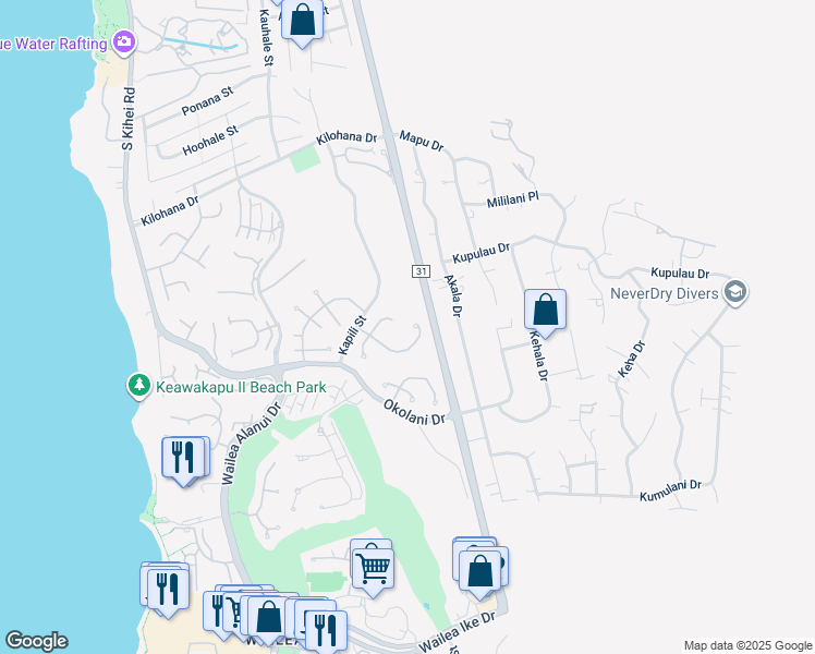map of restaurants, bars, coffee shops, grocery stores, and more near 381 Pualoa Nani Way in Kihei