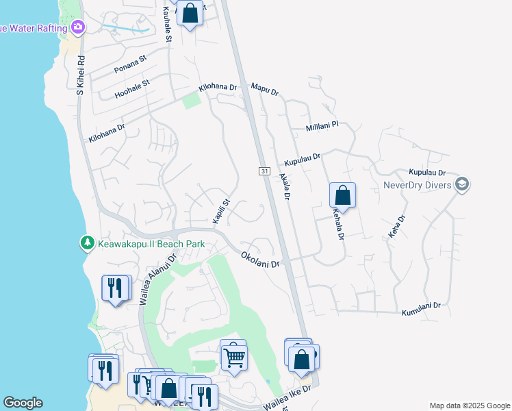 map of restaurants, bars, coffee shops, grocery stores, and more near 381 Pualoa Nani Way in Kihei