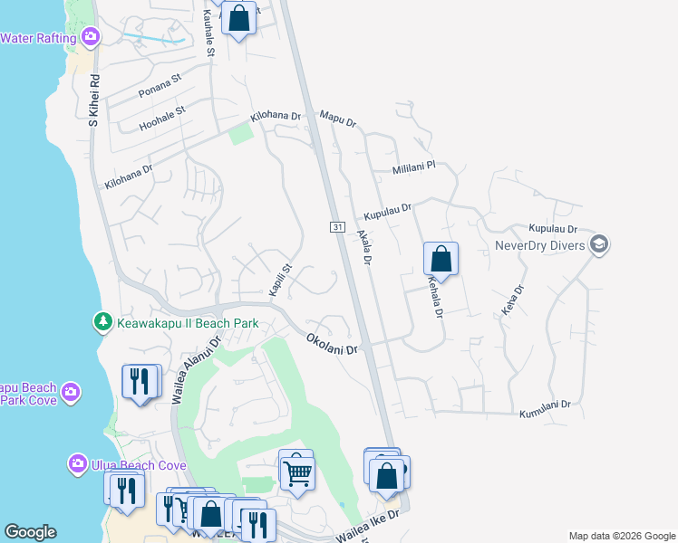 map of restaurants, bars, coffee shops, grocery stores, and more near 384 Pualoa Nani Way in Kihei