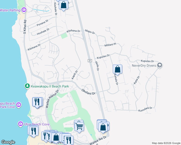 map of restaurants, bars, coffee shops, grocery stores, and more near 384 Pualoa Nani Way in Kihei