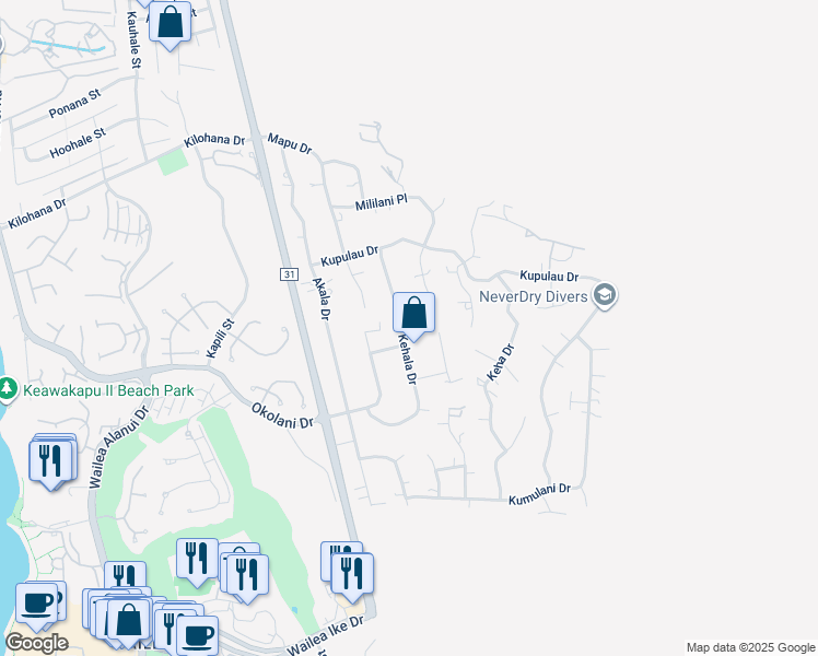 map of restaurants, bars, coffee shops, grocery stores, and more near 3337 Kehala Drive in Kihei