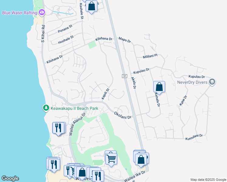 map of restaurants, bars, coffee shops, grocery stores, and more near 3127 Noho Loihi Way North in Kihei