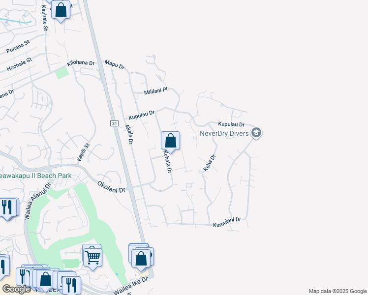 map of restaurants, bars, coffee shops, grocery stores, and more near 3343 Kuaua Place in Kihei