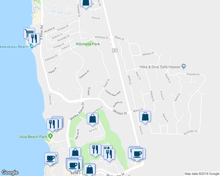 map of restaurants, bars, coffee shops, grocery stores, and more near 3127 Noho Loihi Way North in Kihei
