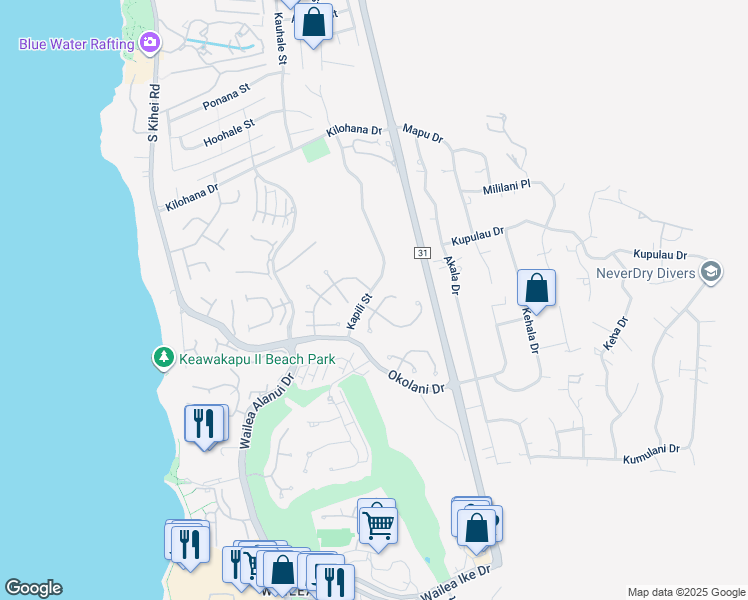 map of restaurants, bars, coffee shops, grocery stores, and more near 3138 South Noho Loihi Way in Kihei