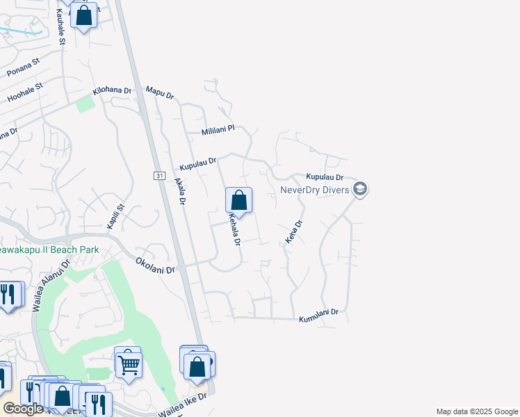map of restaurants, bars, coffee shops, grocery stores, and more near 3343 Kuaua Place in Kihei
